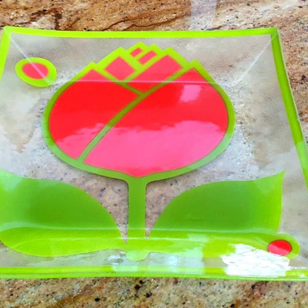 VTG 60S COLONY Glass Red Tulip & Green Leaf Clear Glass Square Serving Dish